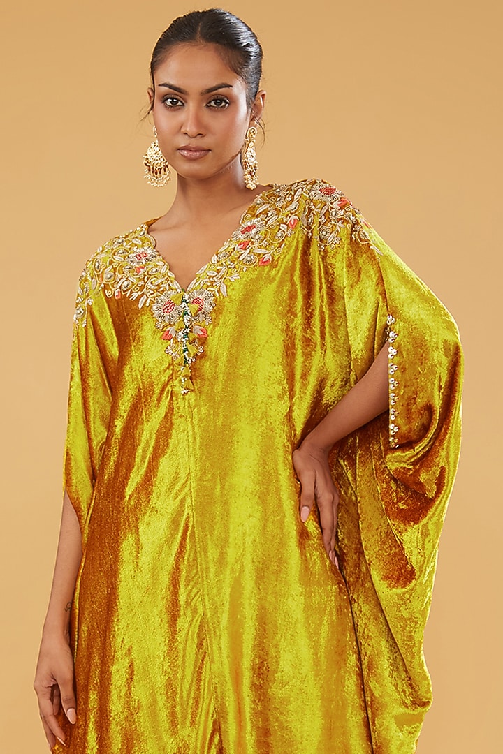 Yellow Velvet Thread Work Kaftan Set by Minaxi Dadoo at Pernia's Pop Up Shop